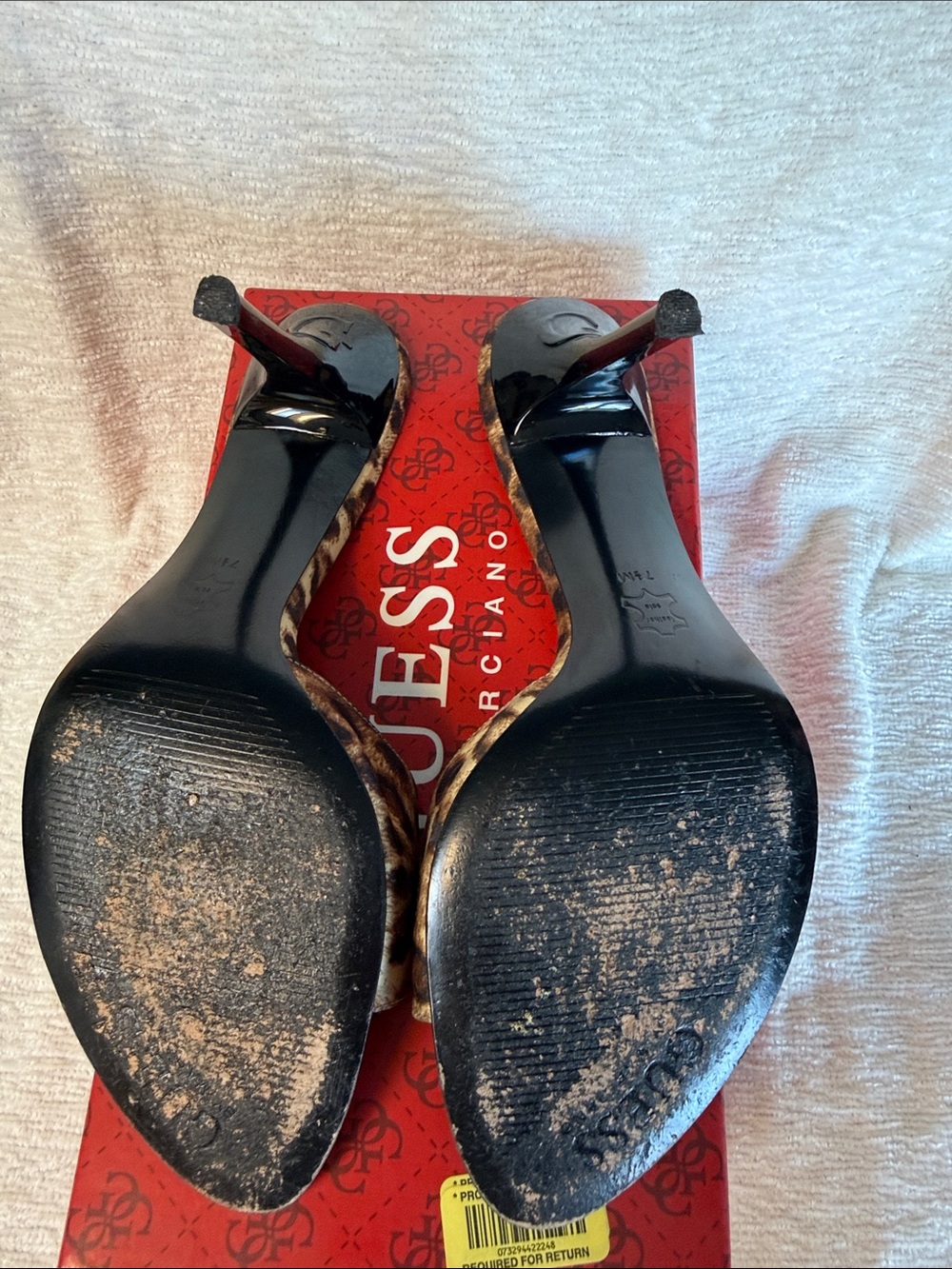 GUESS Leopard-Print Slide Heels with Gold Heart Charms - Brown - Picture 3 of 6